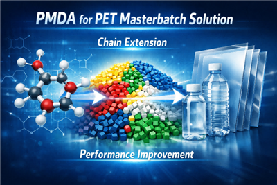 What is the mechanism of action of pyromellitic dianhydride (PMDA) in PET masterbatch and recycling?